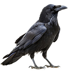 Fototapeta premium Black raven perched against dark background isolated on a transparent background