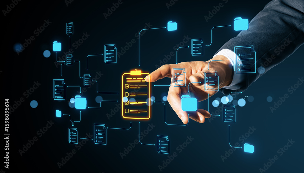 Poster business hand pressing digital checklist button among floating document and folder icons symbolizing