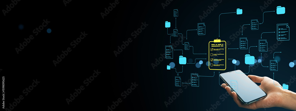 Poster person holding smartphone with floating document management icons in digital cloud network on dark b