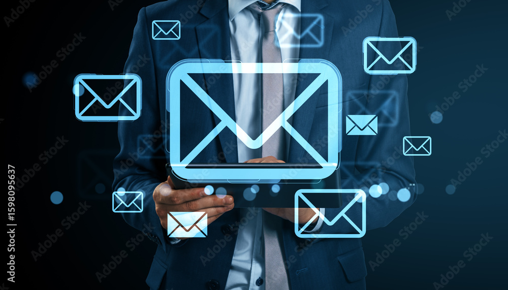 Poster businessman using tablet with glowing email icons symbolizing digital communication and cloud-based 