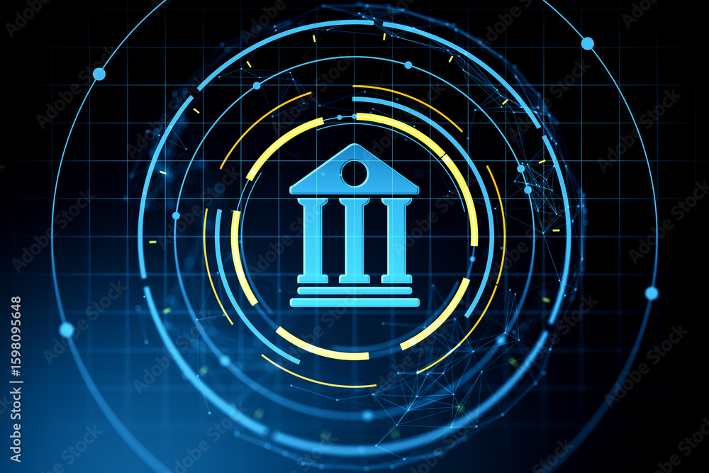 Poster futuristic digital banking icon with neon blue temple symbol and circular interface on dark grid bac