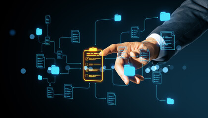 Business hand pressing digital checklist button among floating document and folder icons symbolizing online data management and cloud network structure.