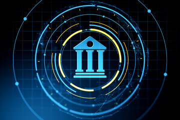 Futuristic digital banking icon with neon blue temple symbol and circular interface on dark grid...