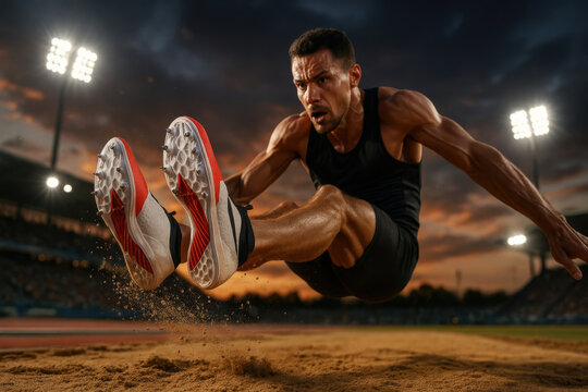 Photorealistic long jumper mid-air with legs extended forward above sandpit under sunset stadium lights. Concept of explosive power, precision, stretch, and elite track and field performance.