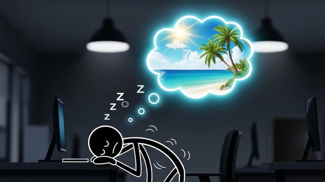 Dreaming of Tropical Vacation During Office Work Sleepy Stick Figure