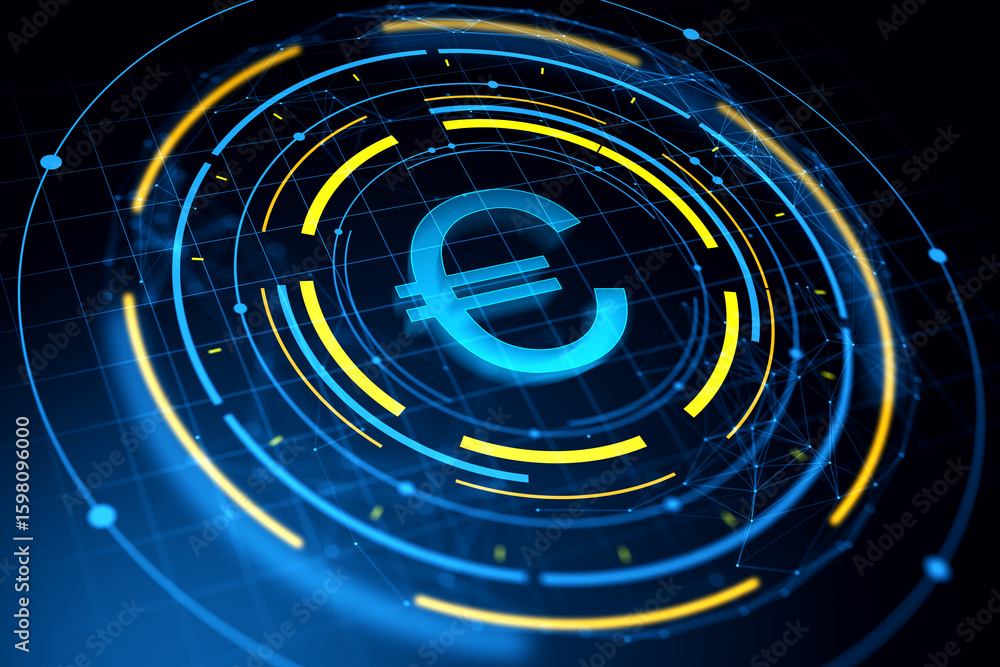 Poster digital euro currency symbol in futuristic neon interface with circular hud design on dark grid back
