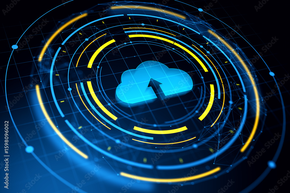 Fototapete Cloud computing upload symbol with futuristic circular interface on dark grid background representing modern digital data exchange concept. 3D Rendering