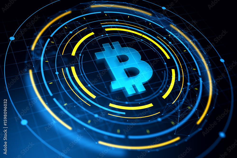 Poster Glowing blue bitcoin symbol in futuristic digital interface with circular neon elements on dark tech background for cryptocurrency and blockchain concept. 3D Rendering