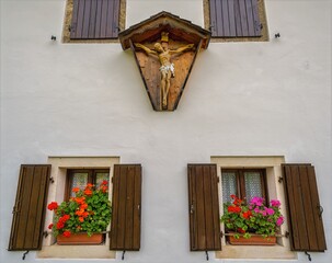window with flowers, Sauris, Friuli-Venezia Giulia, Italy, Europe, 12 July 2025