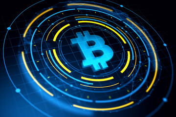 Glowing blue bitcoin symbol in futuristic digital interface with circular neon elements on dark...