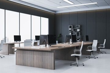 Modern sleek office interior with wooden desks, white chairs, large windows and city view in professional minimalist workspace setting. 3D Rendering