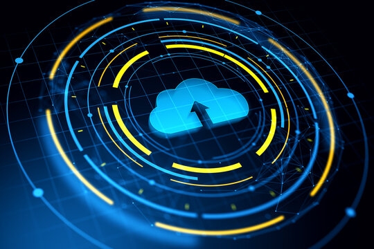 Cloud computing upload symbol with futuristic circular interface on dark grid background representing modern digital data exchange concept. 3D Rendering