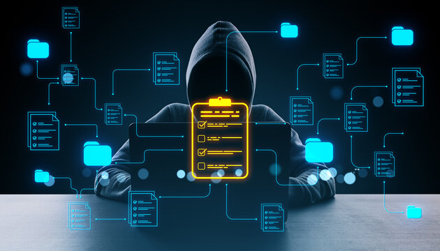 Hacker in hoodie accessing digital document management system with glowing icons and connections on dark background representing data breach.