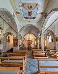 interior of the church, Sauris, Friuli-Venezia Giulia, Italy, Europe, 12 July 2025