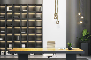 Modern executive office interior with wooden desk, chair, bookshelves, and stylish lighting in a...