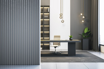 Modern executive office interior with stylish furniture, cozy lighting, and elegant workspace...