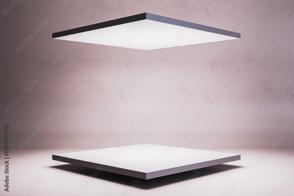 Poster minimalist exhibition room with floating illuminated square panels for modern product presentation i