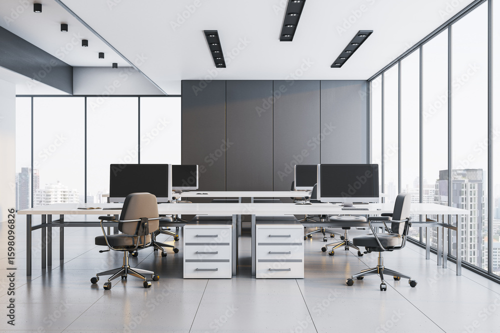 Poster modern empty office interior with minimalist desks, chairs, and computers in a high-rise city buildi