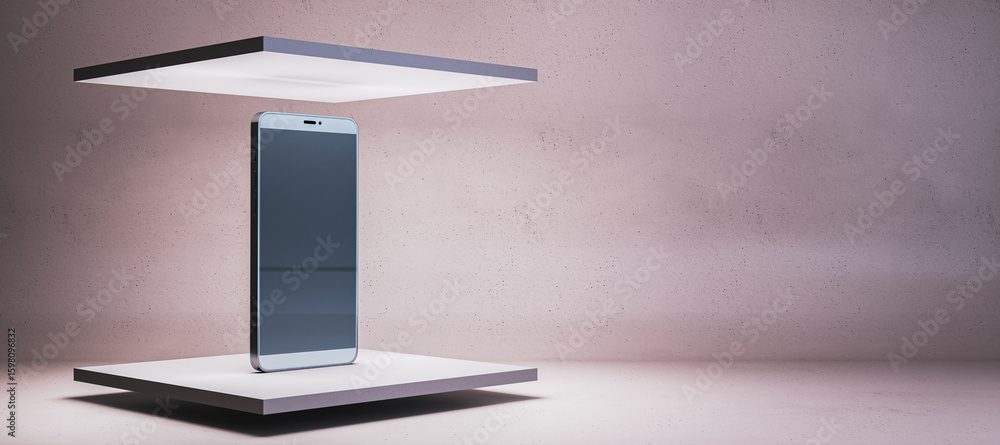 Poster Modern smartphone standing vertically between illuminated platforms on soft textured background for technology branding concept. 3D Rendering