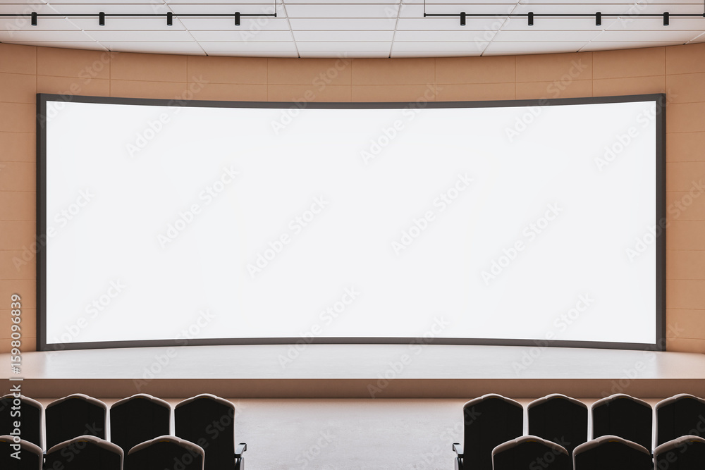 Poster empty auditorium with large curved blank screen and stage prepared for conference or business presen