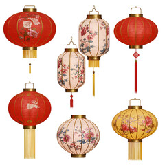 Festive Chinese Lanterns Decoration with Floral Design 3D Illustration