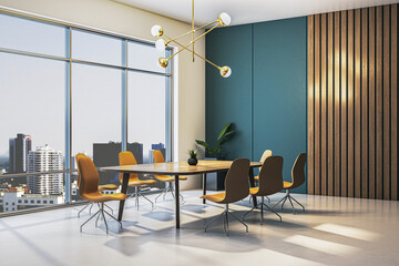 Modern dining room interior with wooden table, stylish chairs, large windows, and city view in luxury apartment corner. 3D Rendering