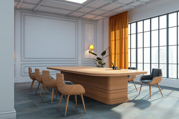 Modern minimalist boardroom with wooden desk and chairs in bright corporate office interior with large window and urban city view in background. 3D Rendering