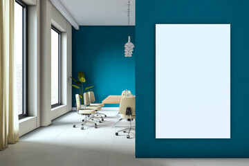 Vertical mockup canvas on teal wall in modern office boardroom interior with large windows, clean...