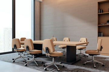 Modern corporate boardroom interior with beige chairs and minimalist furniture design in a corner...