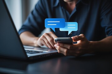 Person Using Smartphone and Laptop with Chat Bubbles Illustrating Online Communication and Connectivity in the Digital Age