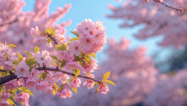 Cherry blossom flowers in full bloom with pink petals and green leaves against a bright blue sky.