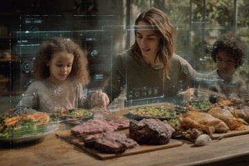 Diverse meat meal enjoyed by family with nutritional data display. Economic food growth. 2034 sees global food output surge coupled with declining prices. Farm data integration.