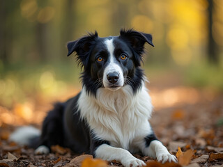 Fototapeta premium Border Collie dog resting on autumn leaves in forest setting 