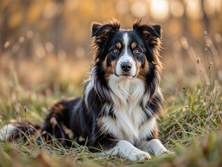 Fototapeta premium Border Collie dog lying in grass during autumn sunlight 