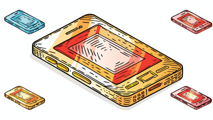 Illustration of five smartphones in various colors and sizes arranged on a white background art style
