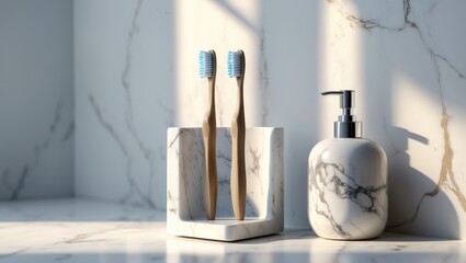 Two toothbrushes and a soap dispenser on a marble surface with a marble wall in the background.