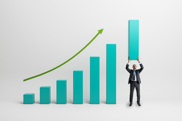 Businessman lifting final bar of ascending chart with upward arrow on white background symbolizing...