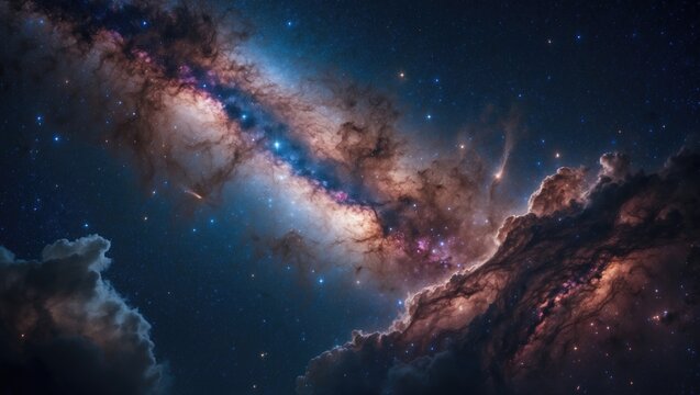 Vast galaxy and stars in space with clouds, showcasing the Milky Way. Astronomy, space exploration, and night sky concept. The beauty of cosmic phenomena and celestial bodies.
