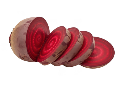 Sliced beetroot with vibrant red flesh and concentric rings on vegetable food