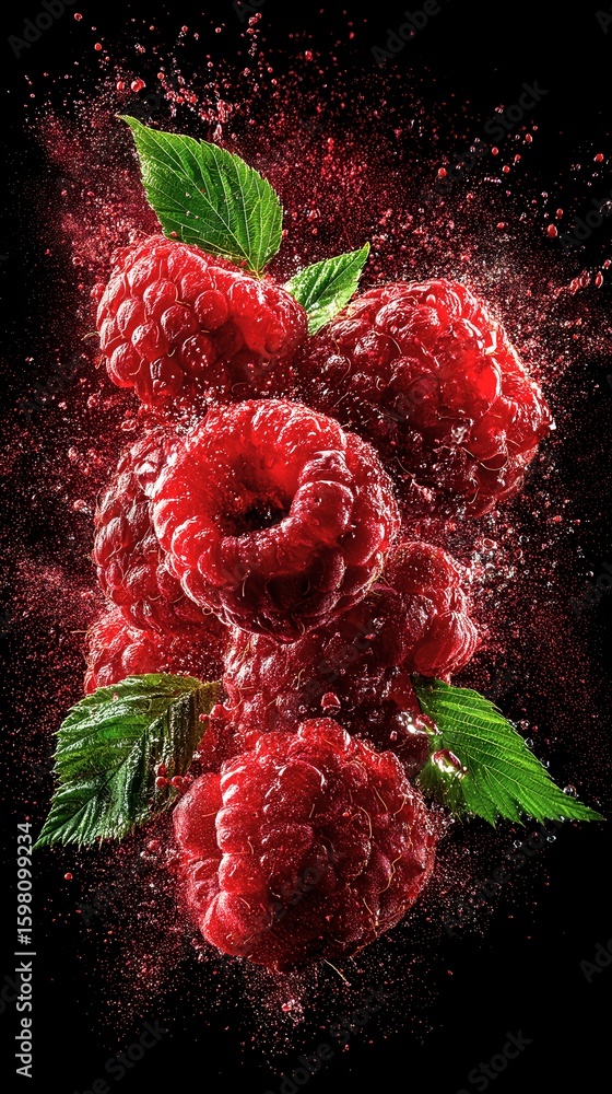 Poster a close up of a bunch of raspberries with a splash of water. the raspberries are red and the water i