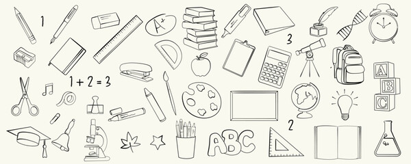 Hand drawn back to school doodles. Pencil, backpack, books, globe, ruler, binder, alarm clock, calculator and stationery icons. Vector outline school illustration.