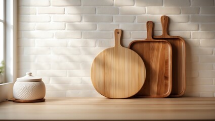 Wooden cutting boards and trays arranged on a kitchen countertop with a white brick wall background.