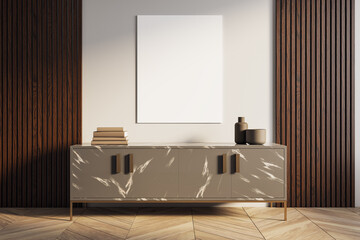 Modern cabinet with vertical blank canvas frame in stylish entryway with wood panel walls and...