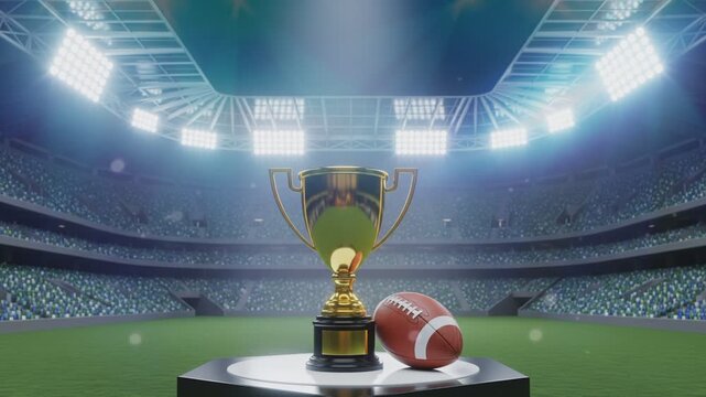 American football trophy and ball on podium with blurred spotlights for championship celebration background
