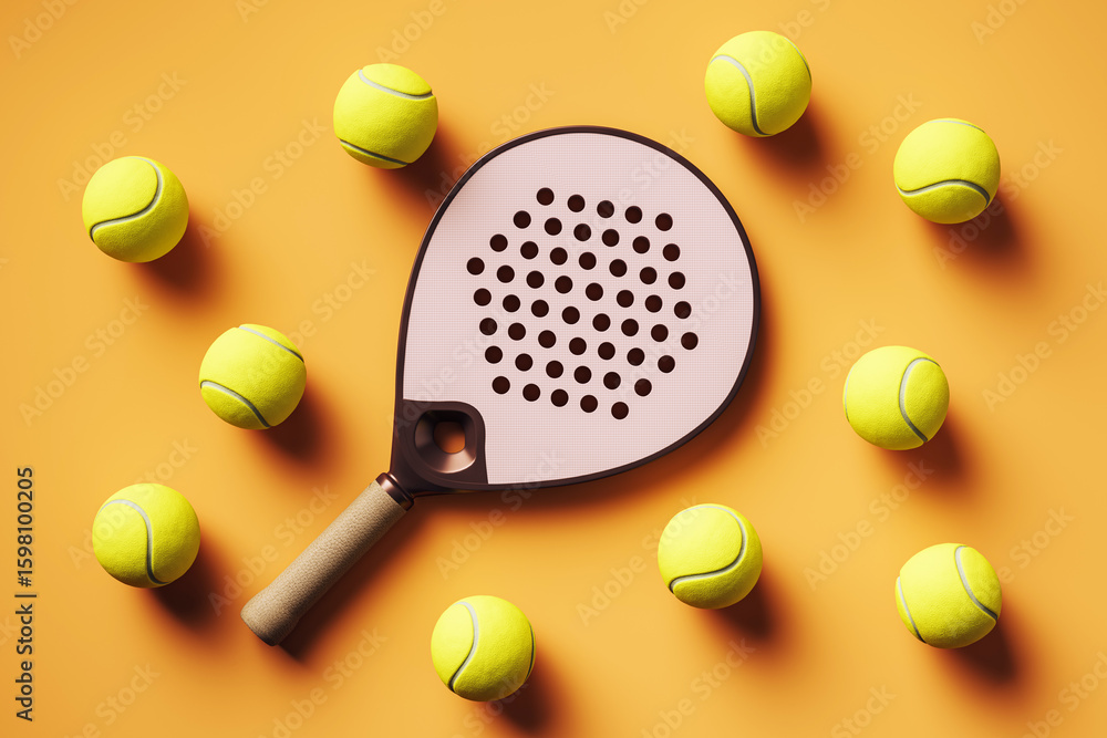 Poster padel racket with scattered yellow balls on orange background, captured from top view with stylish m
