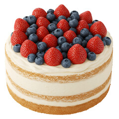 Realistic Photo of a Layered Cake with Strawberries and Blueberries