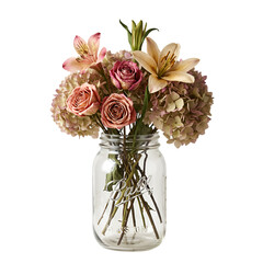 A Beautiful Realistic Photo of a variety of Flowers in a Glass Jar