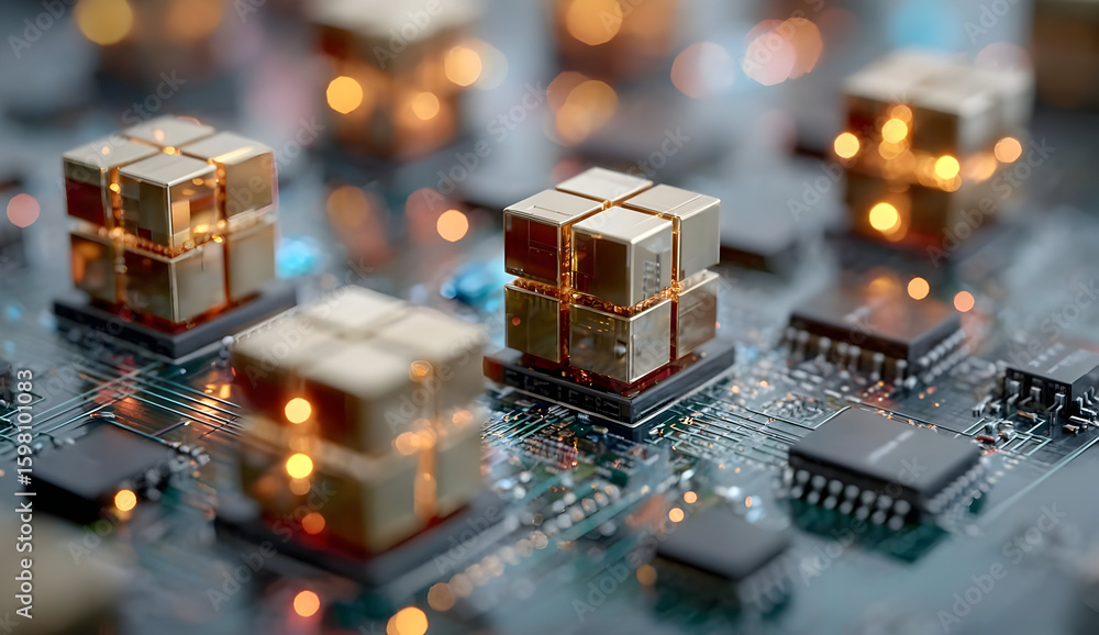 Poster close-up view of a high-tech circuit board with gold chips glowing softly. this intricate detail rev