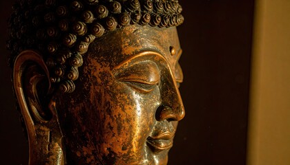 Ancient Bronze Buddha Head Close-Up