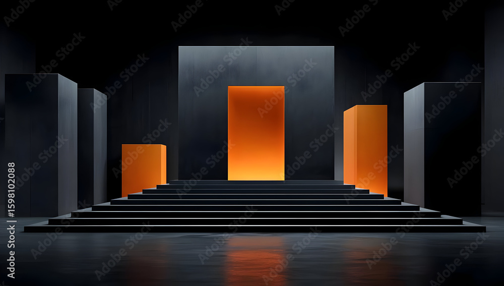 Poster an abstract setup featuring geometric shapes with vibrant orange elements contrasting against dark b